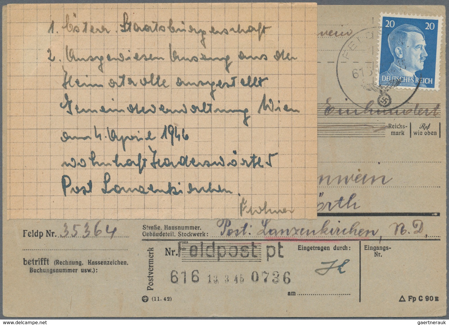 19638 Feldpost 2. Weltkrieg: 1945 (13.3.), Frankierte FP-Anweisung (Mittelstück Mit Anhängendem Empfängera - Other & Unclassified