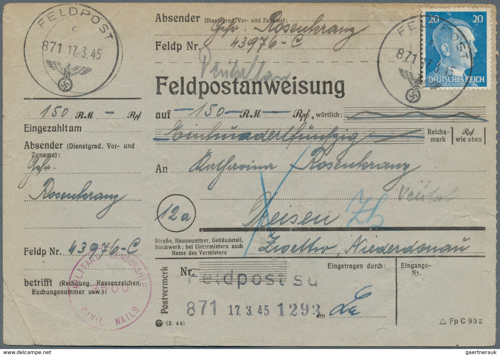 19639 Feldpost 2. Weltkrieg: 1945, (17.3.)m FP-Postanweisung (mit Anhängendem Empfängerteil) Aus Dem "Kurl - Other & Unclassified