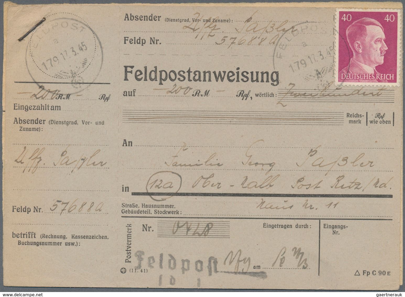 19640 Feldpost 2. Weltkrieg: 1945 (17.3.), Frankierte FP-Anweisung (Mittelstück Mit Anhängendem Empfängera - Other & Unclassified