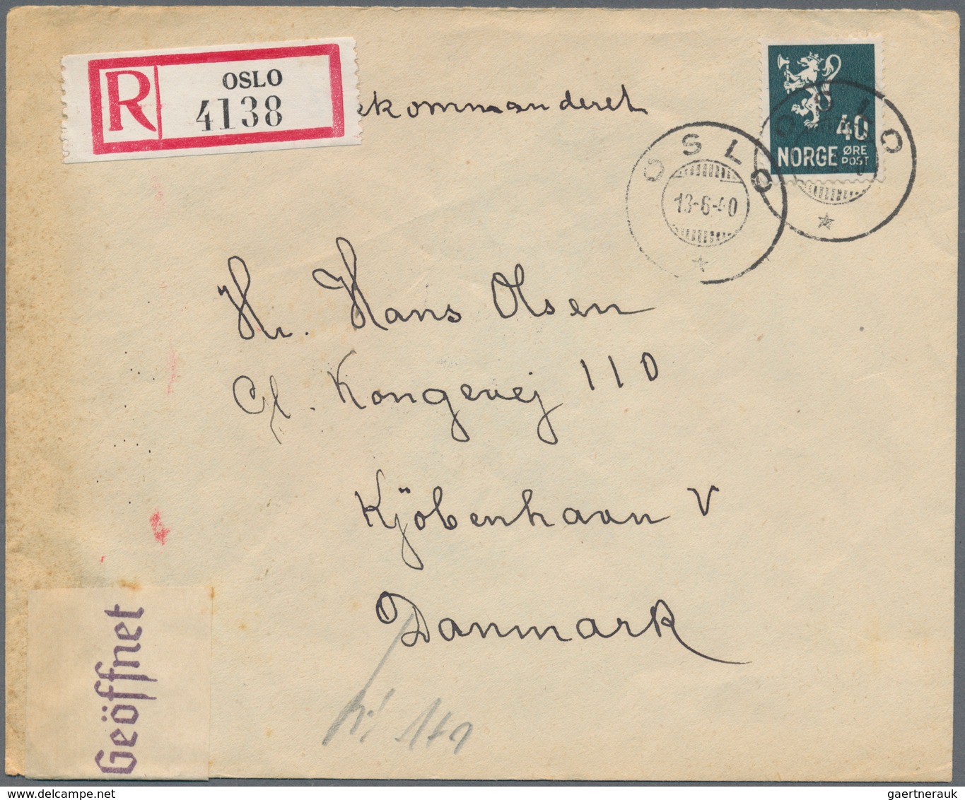 19648 Zensurpost: 1040 (13.6.), Frankierter Brief Von Oslo, Norwegen Nach Kopenhagen, Dänemark Mit (überse - Other & Unclassified
