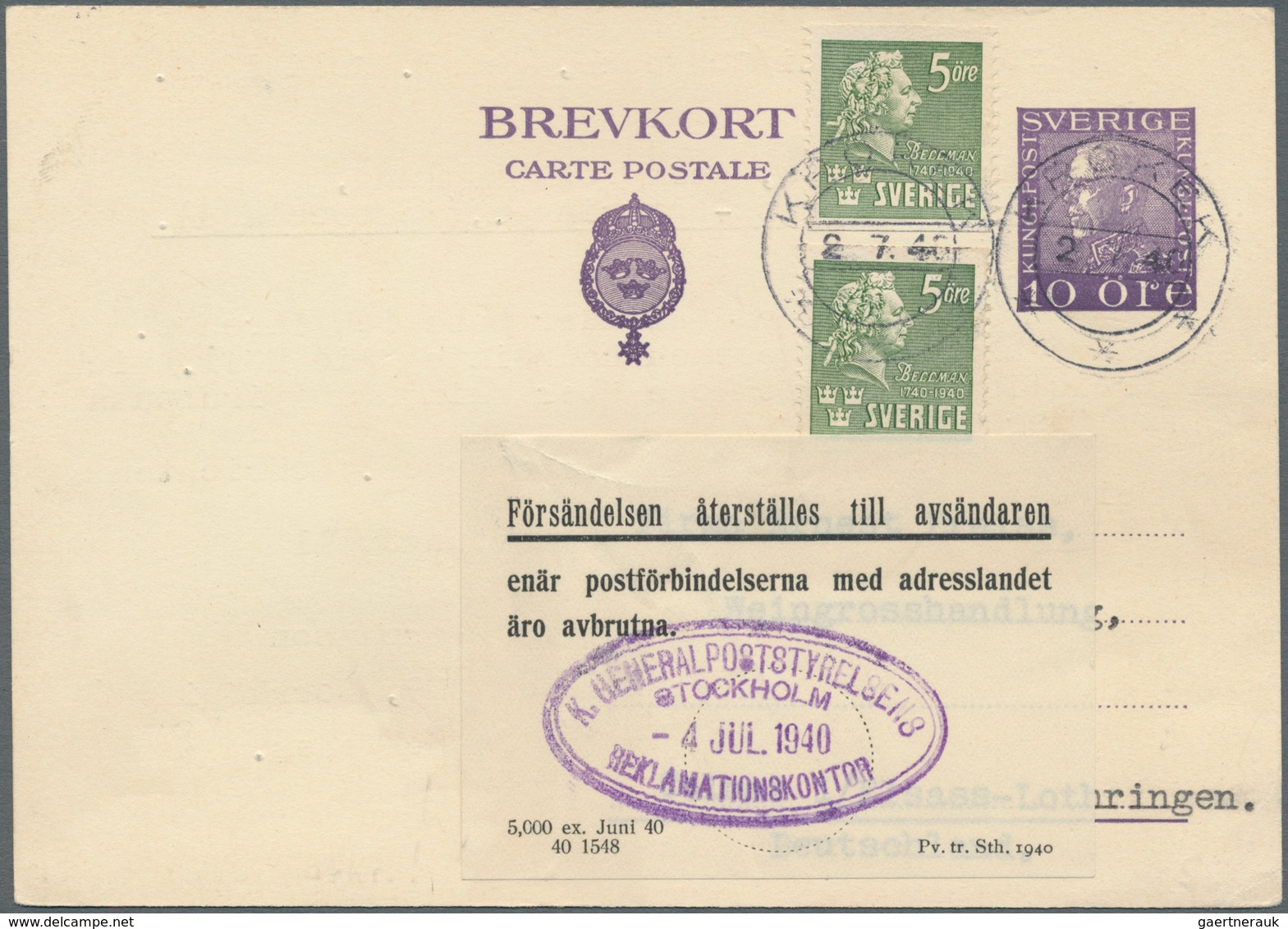 19649 Zensurpost: 1940, Schwedische 10 Öre Ganzsachenkarte Mit Zusatzfrankatur, Adressiert Nach Colmar (El - Other & Unclassified