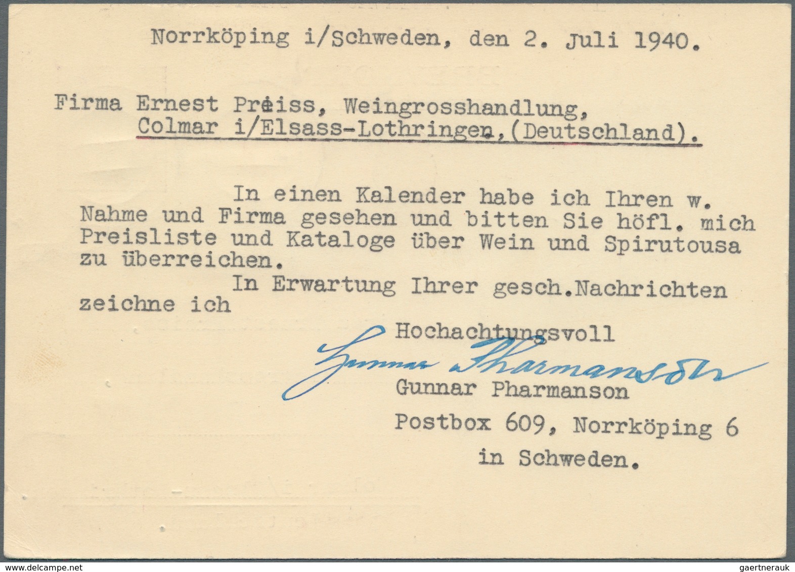 19649 Zensurpost: 1940, Schwedische 10 Öre Ganzsachenkarte Mit Zusatzfrankatur, Adressiert Nach Colmar (El - Other & Unclassified