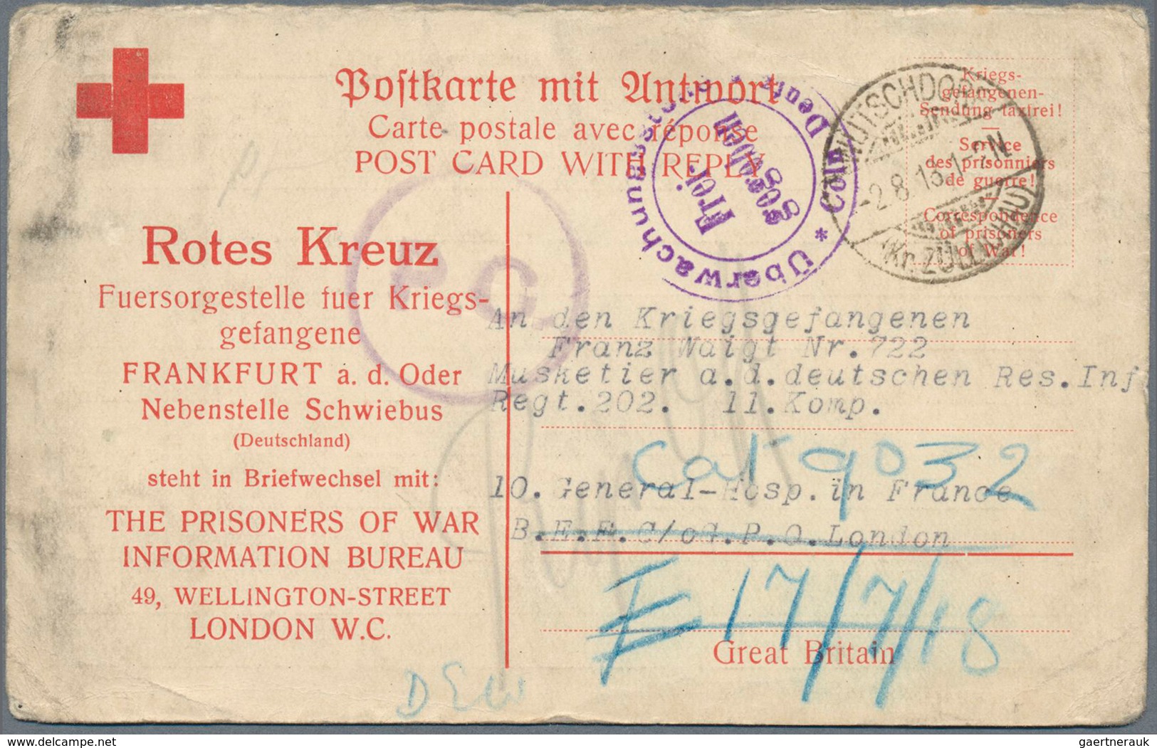 19659 Kriegsgefangenen-Lagerpost: 1918: Frageteil Einer Rot-Kreuz Doppelkarte Des Fürsorgestelle Für Krieg - Other & Unclassified