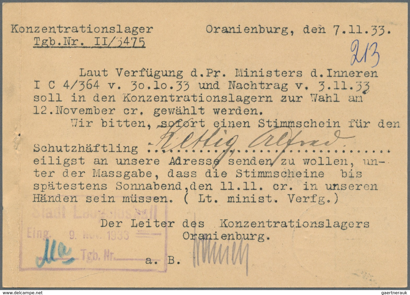 19670 KZ-Post: 1933, Postkarte Als "Eilige Dienstsache" Aus Dem Konzentrationslager Oranienburg An Den Gem - Covers & Documents