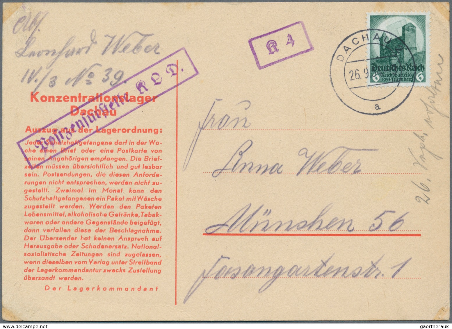 19671 KZ-Post: 1934 (26.9.), 6 Pfg. "Reichsparteitag 1934 Nürnberg" Mit Stempel DACHAU 2 Auf Beigefarbener - Covers & Documents