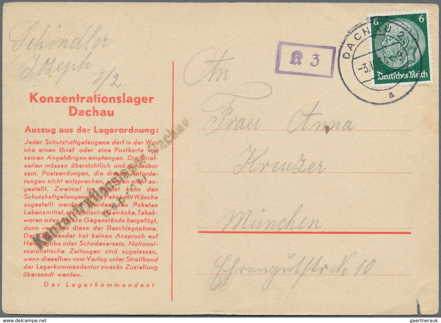 19672 KZ-Post: 1934 (3.10.), 6 Pfg. Hindenburg Mit Stempel DACHAU 2 Auf Beigefarbener Vordruckkarte (Lager - Covers & Documents
