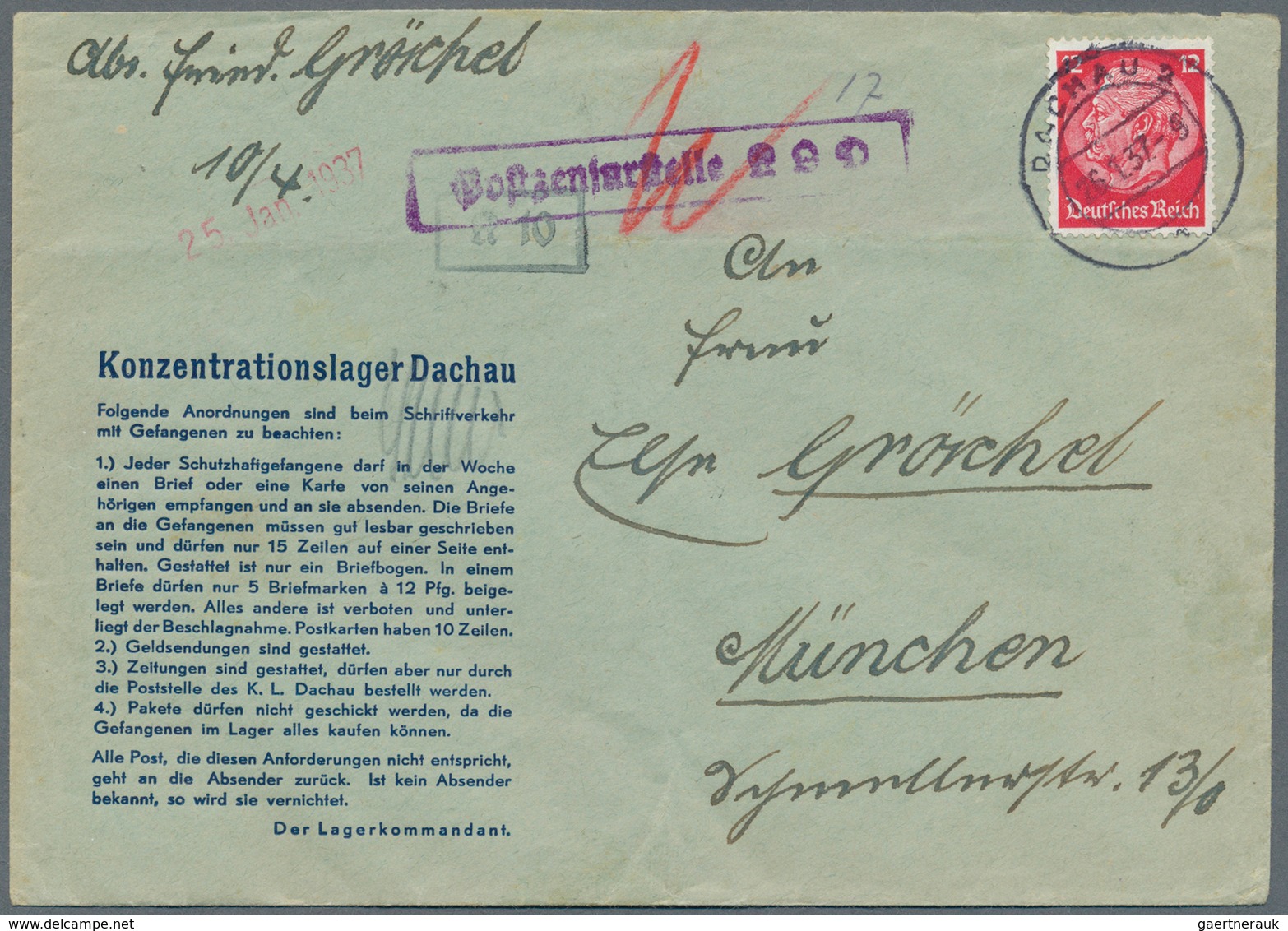 19675 KZ-Post: 1937 (26.1.), 12 Pfg. Hindenburg Mit 2 Stempel "DACHAU 2" Auf Grünem Vordruck-Briefcouvert - Covers & Documents