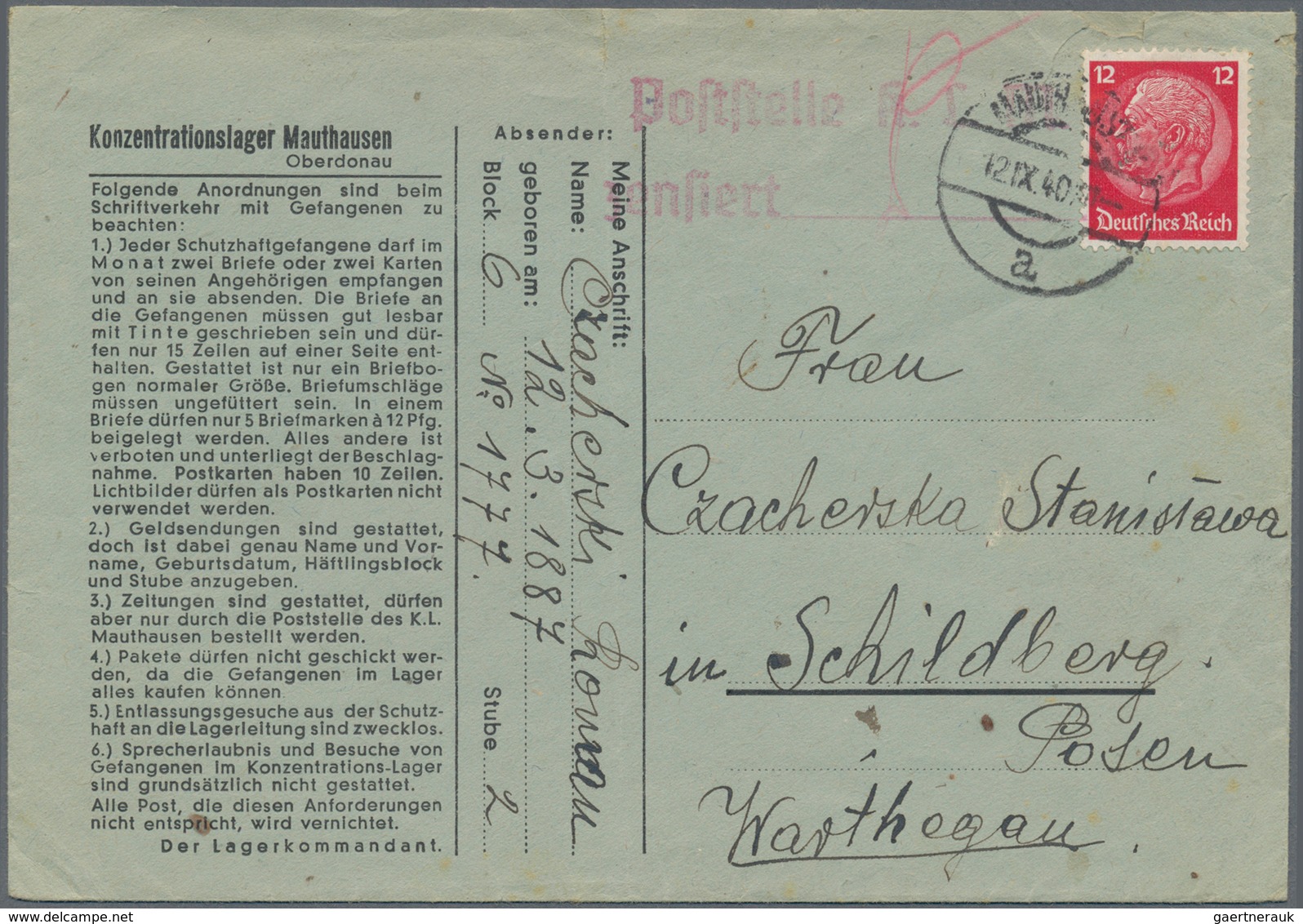 19678 KZ-Post: Mauthausen: 1940, Vordruckbrief Mit Sechs Anordnungen Gebraucht Mit 12 Pfg. Hindenburg Aus - Briefe U. Dokumente