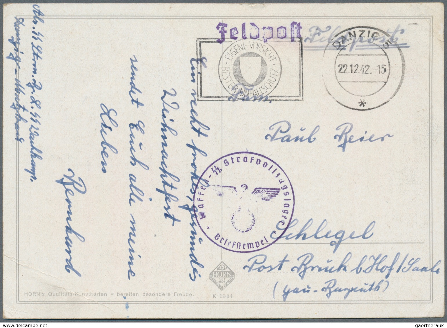 19684 KZ-Post: 1942 (22.12.), FP-AK Ab DANZIG 5 Mit Briefstempel "Waffen-SS Strafvollzugslager" Und Abs. A - Lettres & Documents