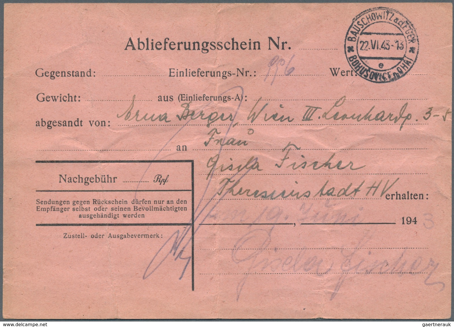 19687 KZ-Post: 1943/1944, THERESIENSTADT. Lot mit 12 Postbelegen von und nach dort. Ordentliche Erhaltunge