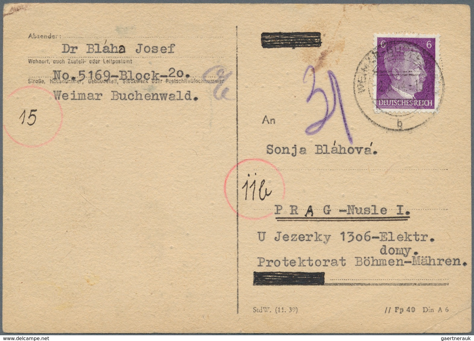19689 KZ-Post: 1944 KZ Buchenwald: Postkarte Von Häftling Dr. Josef Blaha, Nr. 5169 Block 20 Als Sehr Selt - Covers & Documents