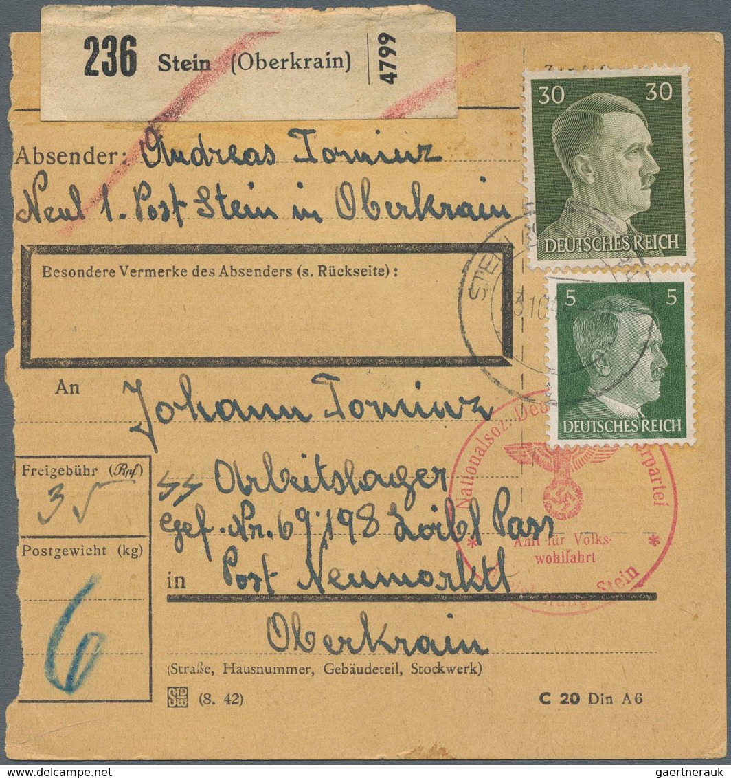 19690 KZ-Post: 1944, Zwei Frank. Paketkarken Aus Oberkrain /Stein (mit NSDAP-Dienstsiegel) Neumarktl) Für - Covers & Documents