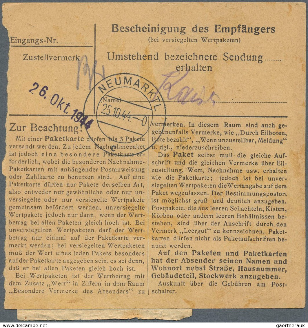 19690 KZ-Post: 1944, Zwei Frank. Paketkarken Aus Oberkrain /Stein (mit NSDAP-Dienstsiegel) Neumarktl) Für - Covers & Documents