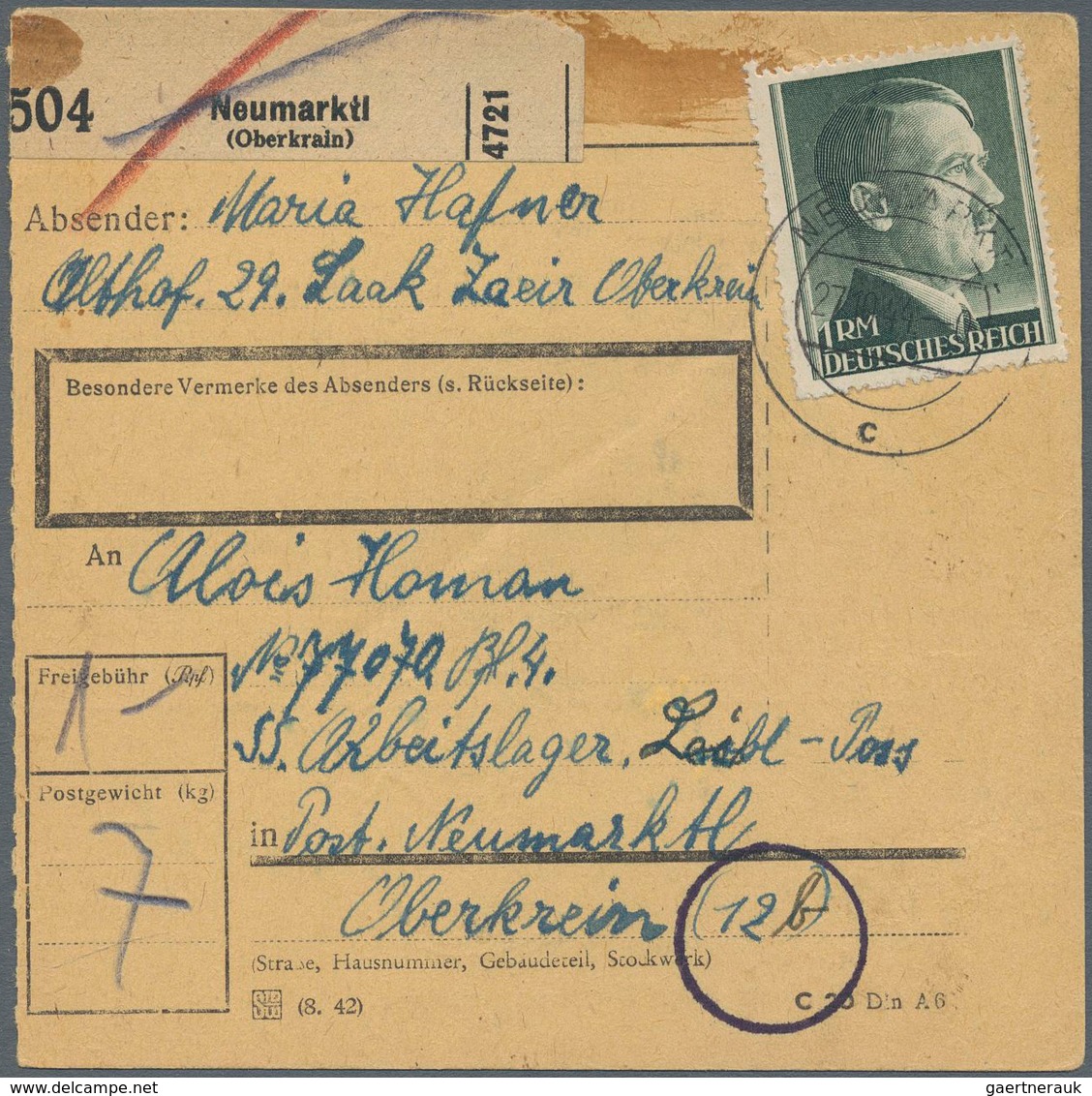 19690 KZ-Post: 1944, Zwei Frank. Paketkarken Aus Oberkrain /Stein (mit NSDAP-Dienstsiegel) Neumarktl) Für - Briefe U. Dokumente