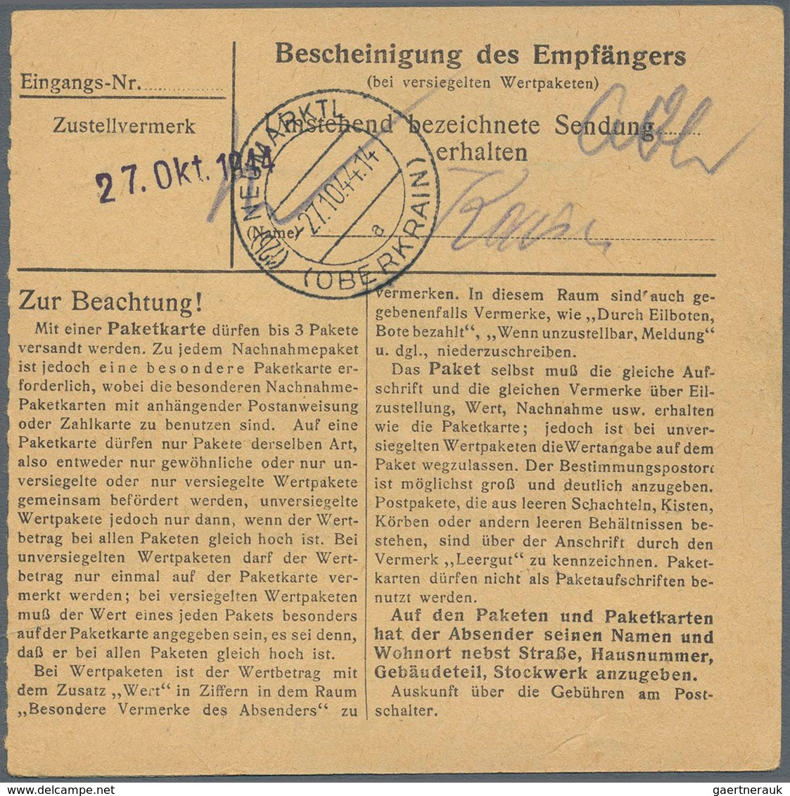 19690 KZ-Post: 1944, Zwei Frank. Paketkarken Aus Oberkrain /Stein (mit NSDAP-Dienstsiegel) Neumarktl) Für - Covers & Documents