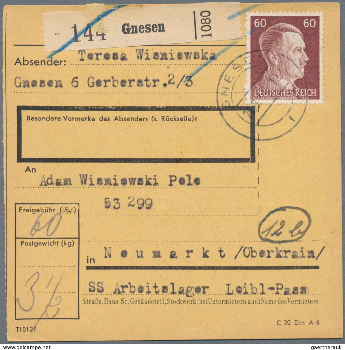 19691 KZ-Post: 1944, Drei Frankierte Paketkarten Aus Dem Wartheland (Gnesen, Lissa, Krotoschin) Für Pakets - Covers & Documents