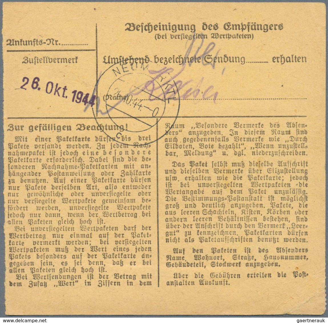19691 KZ-Post: 1944, Drei Frankierte Paketkarten Aus Dem Wartheland (Gnesen, Lissa, Krotoschin) Für Pakets - Covers & Documents