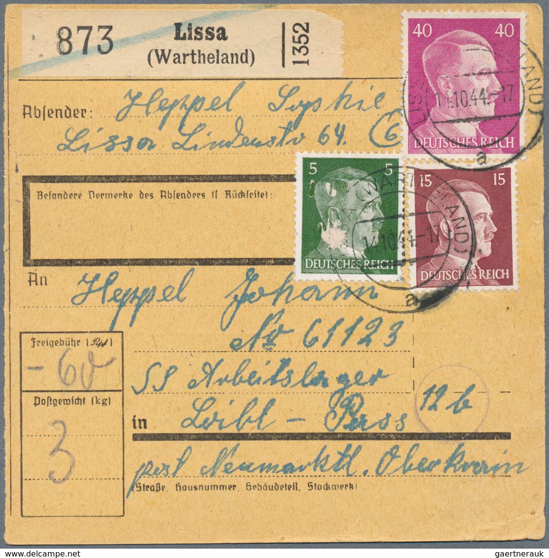 19691 KZ-Post: 1944, Drei Frankierte Paketkarten Aus Dem Wartheland (Gnesen, Lissa, Krotoschin) Für Pakets - Covers & Documents