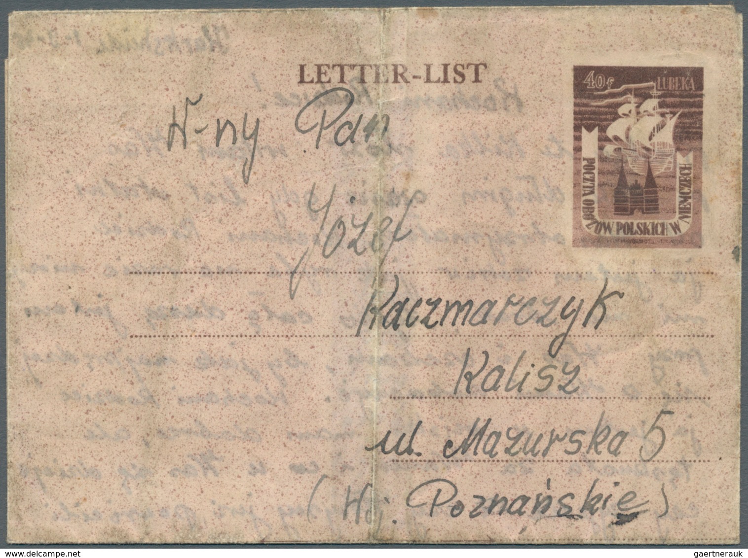 19697 Lagerpost: Lübeck: 1945, HARKSHEIDE, 40 F Lilabraun "LUBEKA Kogge / Holstentor" Ganzsachen-Faltbrief - Other & Unclassified