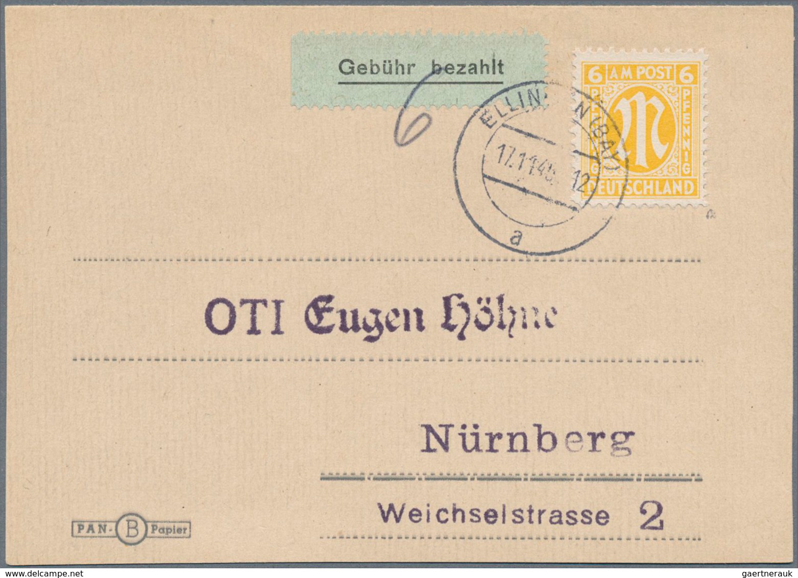 19705 Deutsche Lokalausgaben Ab 1945: ELLINGEN, 1945: Gebührenzettel Mit Handschriftlichem Eintrag Der Geb - Other & Unclassified