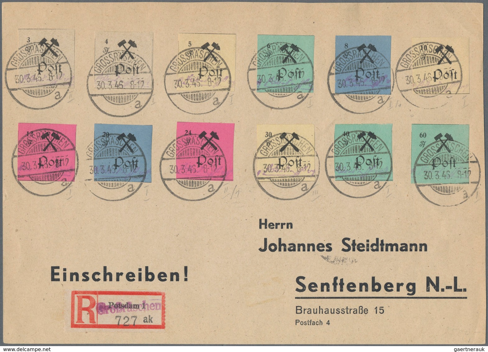 19731 Deutsche Lokalausgaben Ab 1945: 1945. GROSSRÄSCHEN. Kpl. Satz (12 Werte) Auf überfrankierter R-Postk - Other & Unclassified