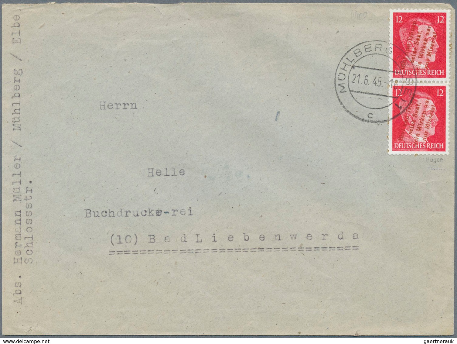 19739 Deutsche Lokalausgaben Ab 1945: MÜHLBERG, 1945: 12 Pf Im Senkrechtem Paar Mit Rotem Aufdruck Auf Bed - Other & Unclassified