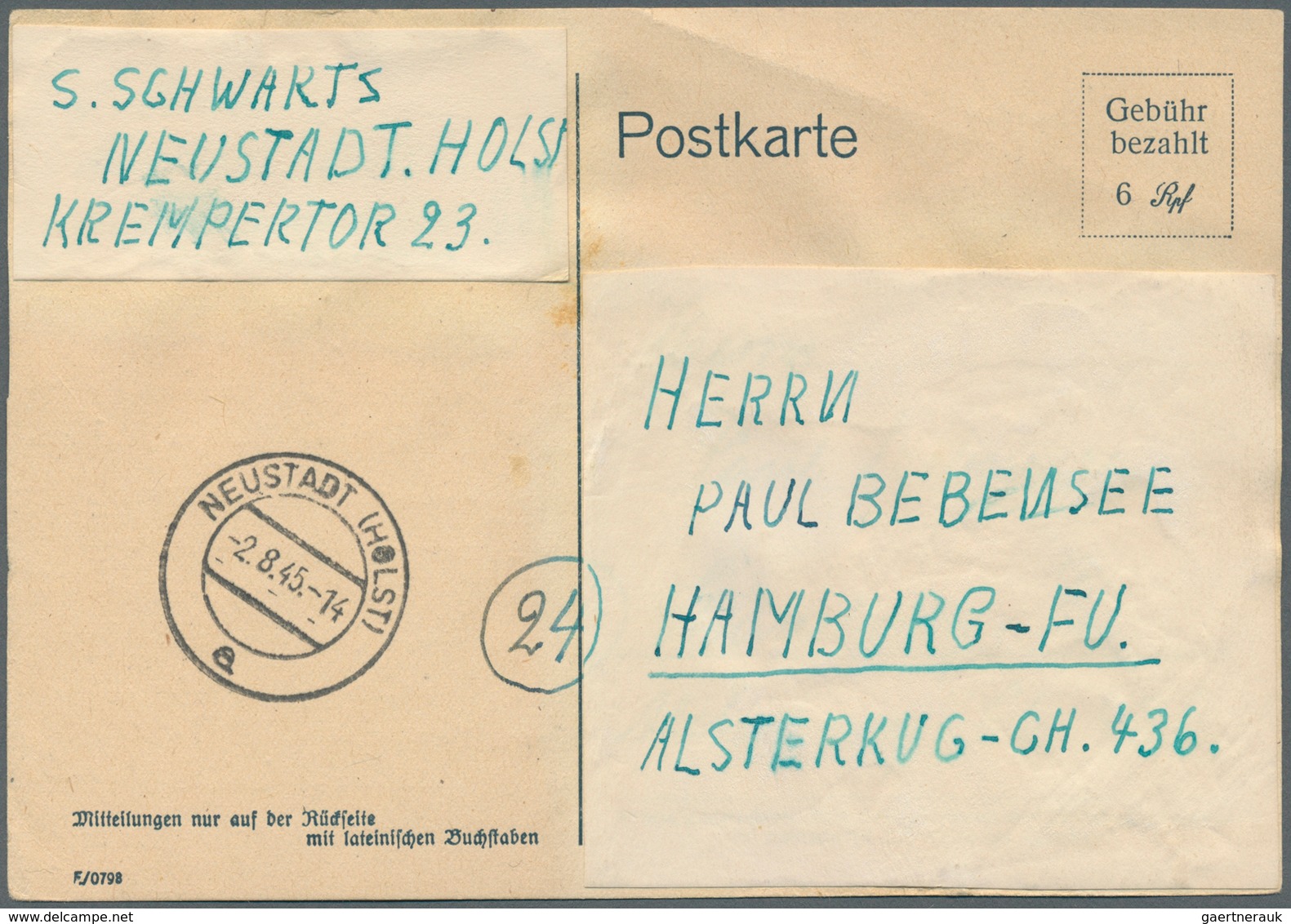 19749 Alliierte Besetzung - Gebühr Bezahlt: 1945, "Neustadt (HOLST) 2.8.45" Auf "Gebühr Bezahlt 6 Rpf" Zuf - Other & Unclassified