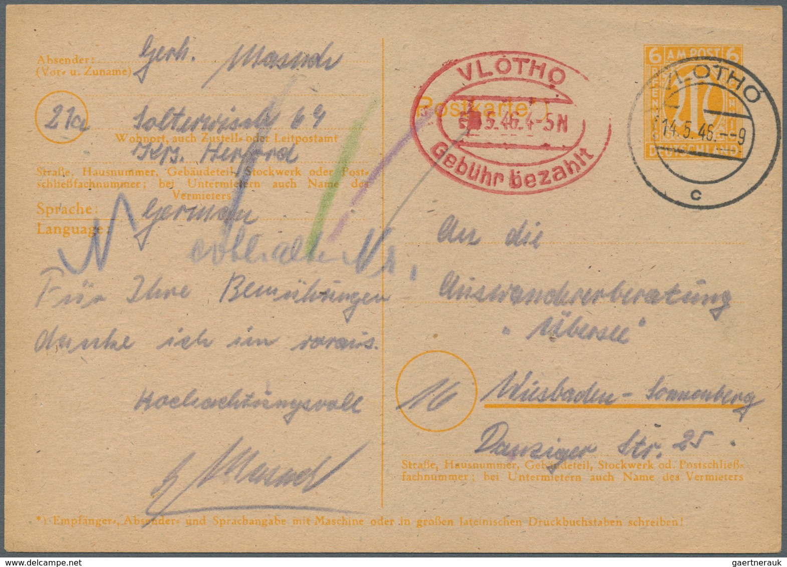 19758 Alliierte Besetzung - Notausgaben: Britische Zone: VLOTHO: 1946, 6 Pfg. AM-POST Ganzsachenkarte Mit - Other & Unclassified