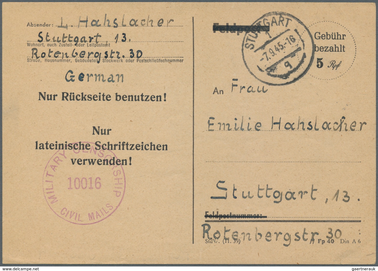 19759 Alliierte Besetzung - Behelfsausgaben: Amerikanische Zone: 1945, RPD Stuttgart, Wertstempel "Gebühr - Other & Unclassified