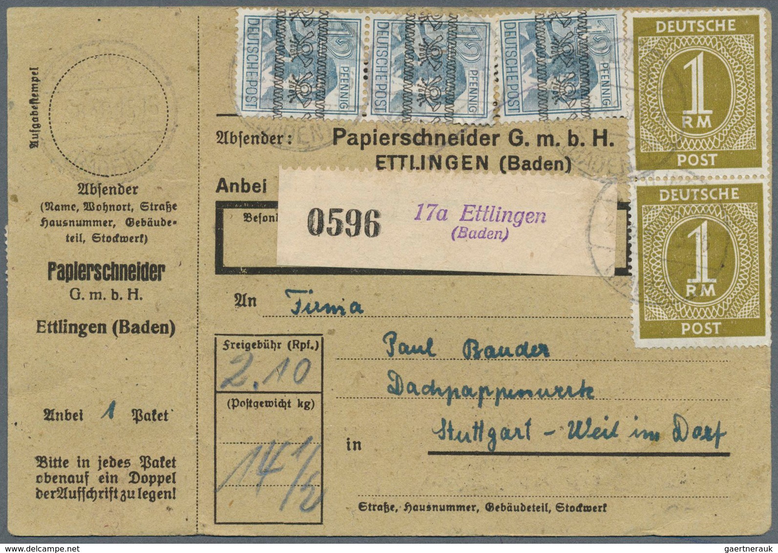 19807 Alliierte Besetzung - Gemeinschaftsausgaben: 1948, Zehnfachfrankatur, Paketkarte Für Ein Paket Mit 1 - Sonstige & Ohne Zuordnung