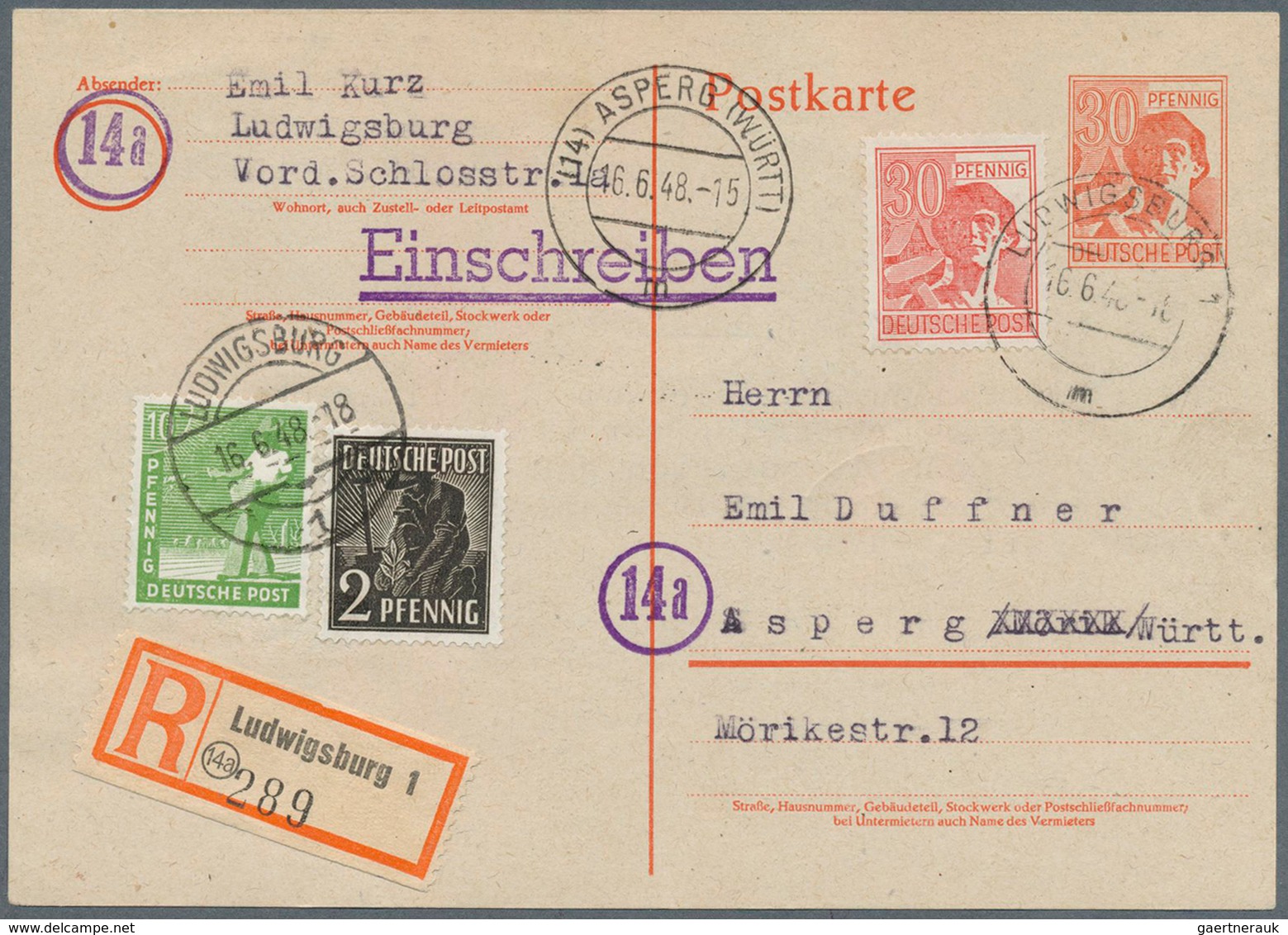 19810 Alliierte Besetzung - Ganzsachen: 1948, Partie Mit 7 Gebrauchten Ganzsachenkarten, Dabei Einschreibe - Other & Unclassified