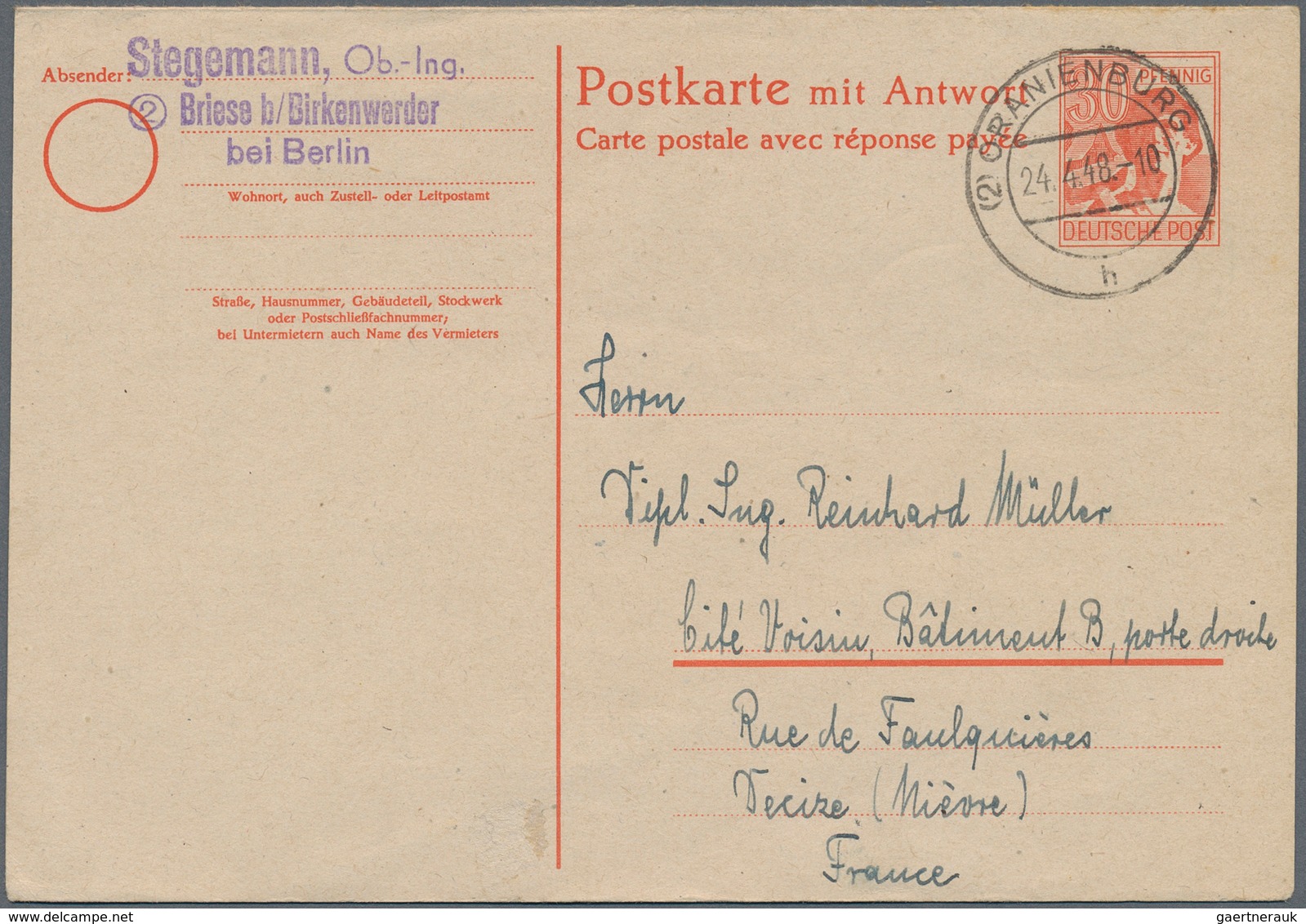 19811 Alliierte Besetzung - Ganzsachen: 1948, 30 Pf Arbeiter Antwortdoppelkarte Zusammenhängend Mit Bedarf - Other & Unclassified