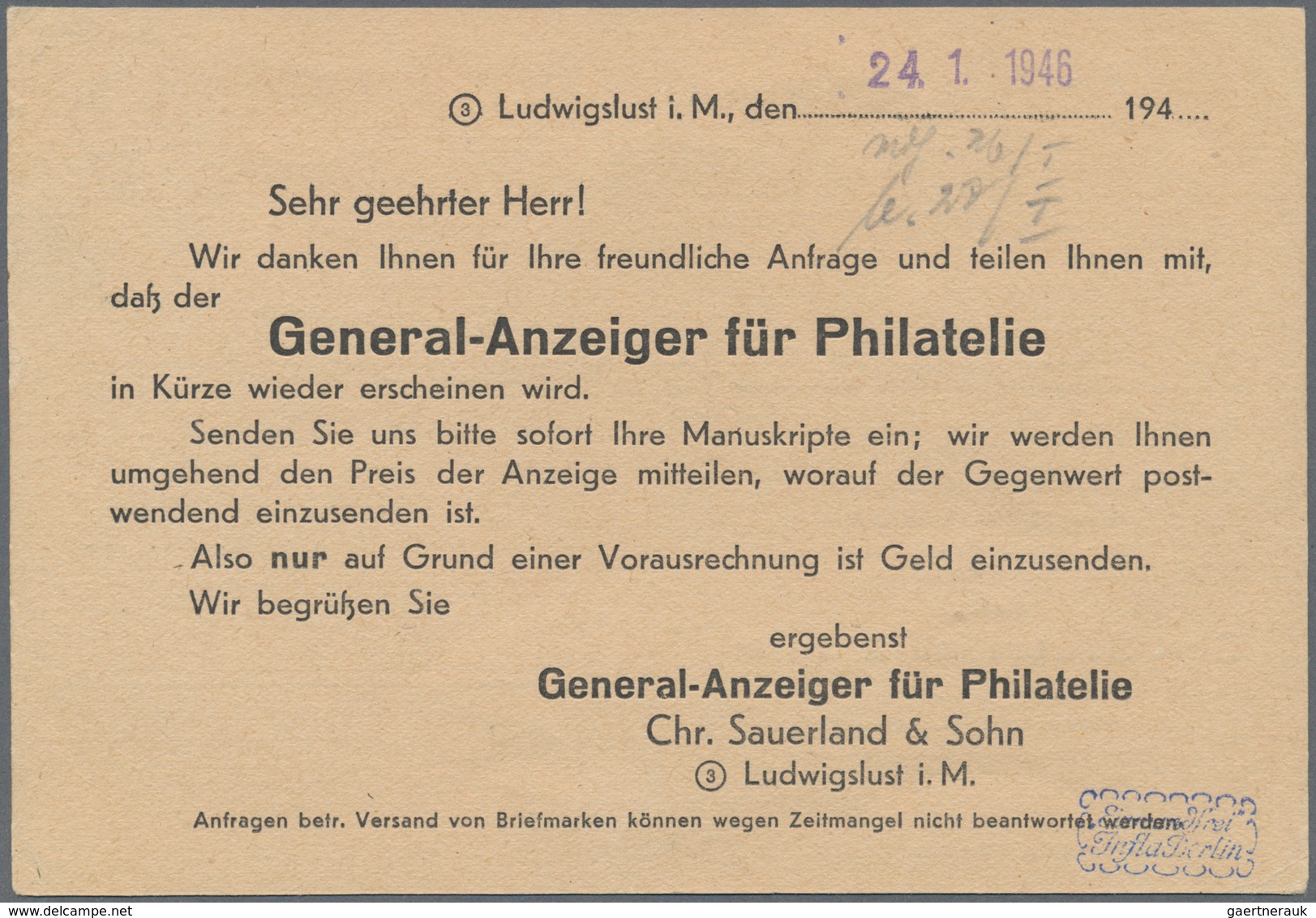 19845 Sowjetische Zone - Mecklenburg-Vorpommern: 1946, 3 Pf Lebhaftorangebraun, EF Auf Drucksachenkarte Vo - Sonstige & Ohne Zuordnung