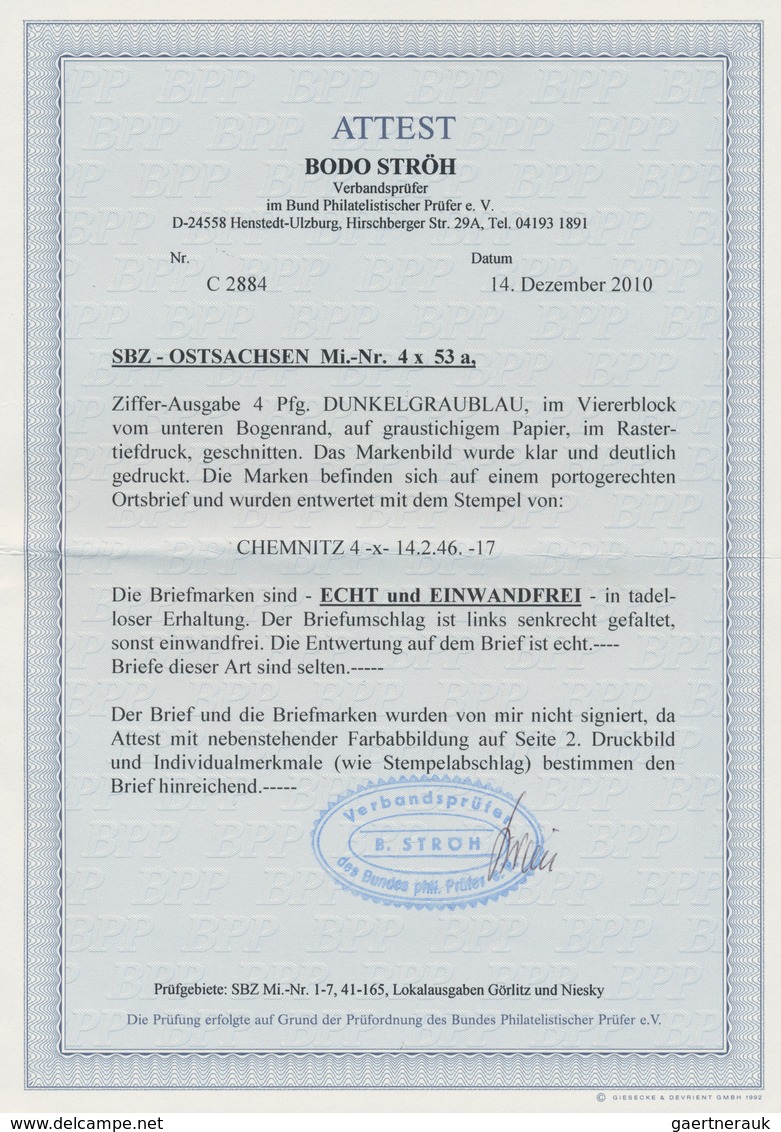 19920 Sowjetische Zone - Ost-Sachsen: 1945, 4 Pf Dkl'graublau, Viererblock Vom Unterrand Als Portogerechte - Other & Unclassified