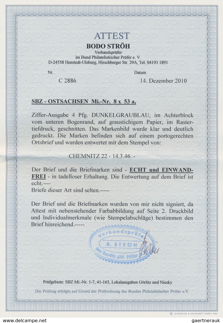 19921 Sowjetische Zone - Ost-Sachsen: 1945, 4 Pf Dkl'graublau, 8er-Block Vom Unterrand Als Portogerechte M - Other & Unclassified