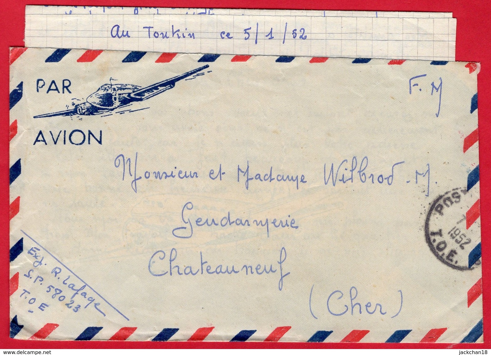 -- PAR AVION - LETTRE EN F.M.  Du TONKIN S.P. 580 23 T.O.E . Pour La FRANCE -- - Guerre D'Indochine / Viêt-Nam