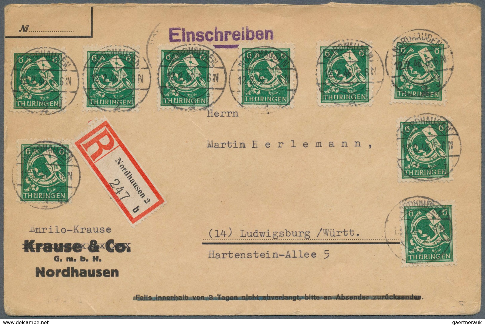 19972 Sowjetische Zone - Thüringen: 1945, Posthorn 6 Pf Dkl'grün, 9 Stück Als Attraktive Portogerechte Mas - Other & Unclassified