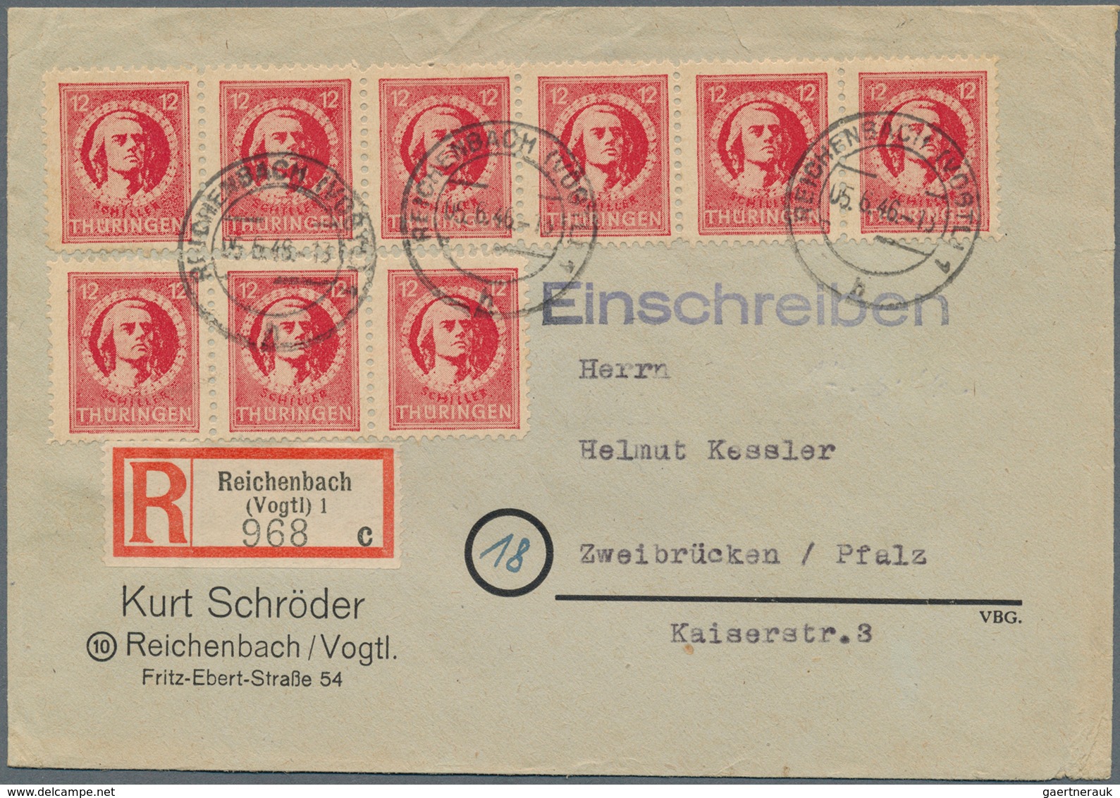 19975 Sowjetische Zone - Thüringen: 1945, 12 Pf Karminrot Mit Spargummierung, 9 Stück Als Portogerechte Me - Other & Unclassified