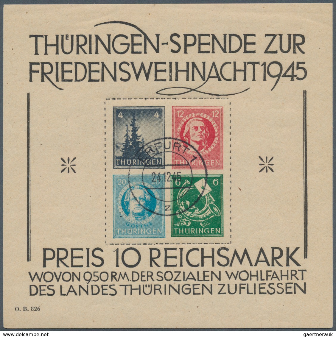 19990 Sowjetische Zone - Thüringen: 1944, Weihnachtsblock, Type I Auf T-Papier, Sauber Gestempelt "ERFURT - Other & Unclassified