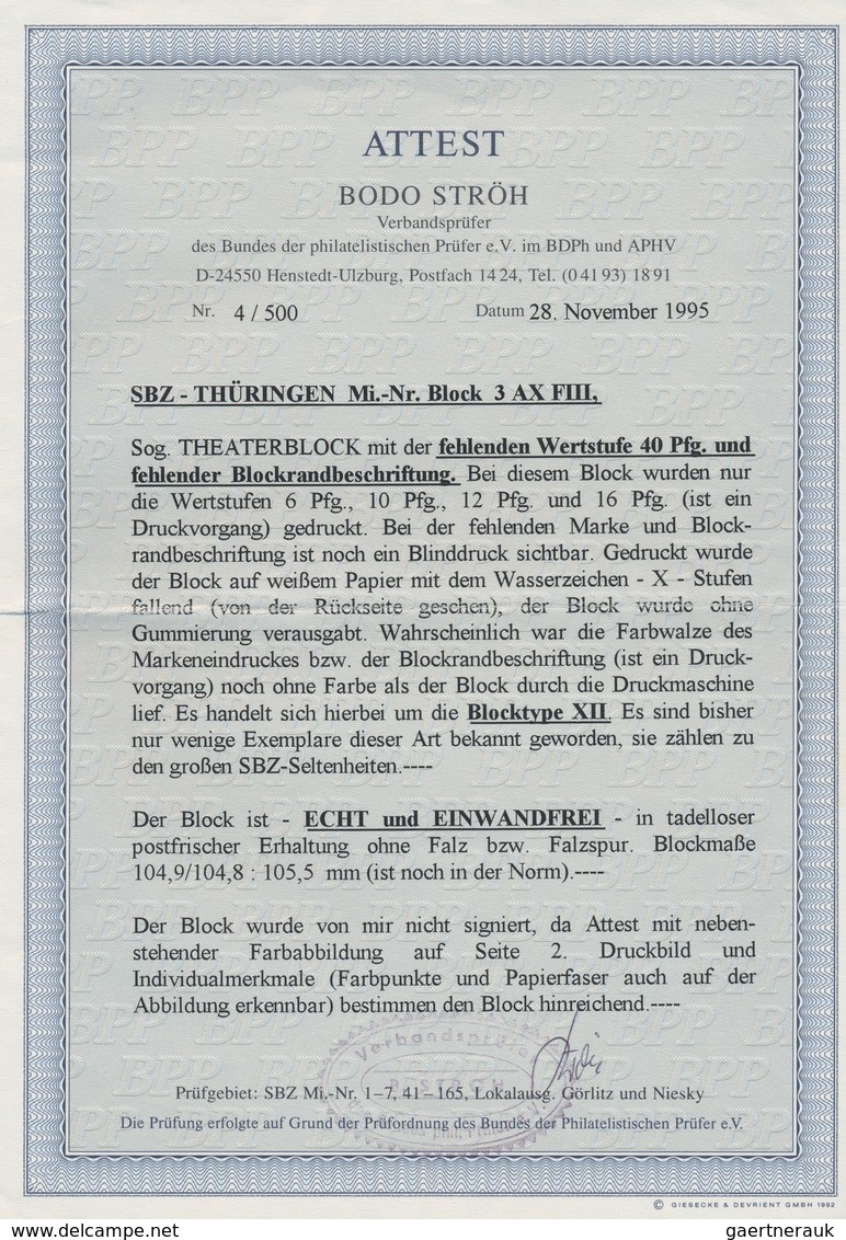 20021 Sowjetische Zone - Thüringen: 1946, Theaterblock Mit Fehlender Wertstufe 40 Pf, Fehlender Blockbesch - Sonstige & Ohne Zuordnung