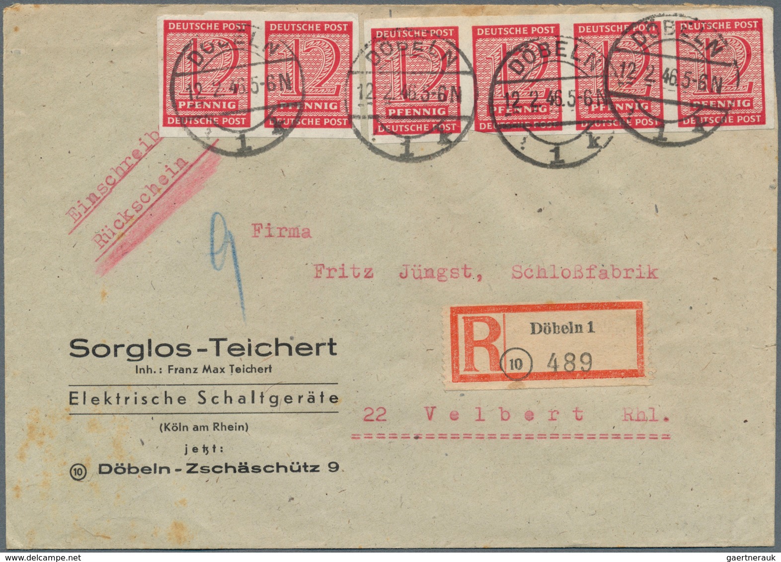 20068 Sowjetische Zone - West-Sachsen: 1945, 12 Pf Karminrot, 6 Stück Als Portogerechte MeF Auf Einschreib - Other & Unclassified