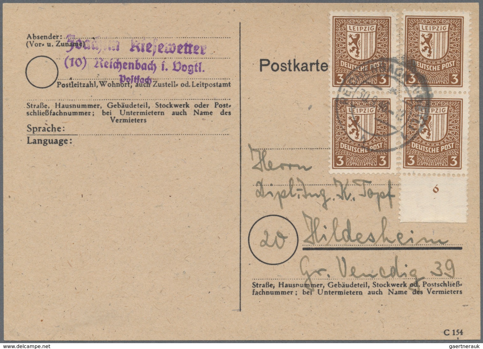 20091 Sowjetische Zone - West-Sachsen: 1946, 4 X 3 Pf Dkl'gelbbraun Als Portogerechte MeF Auf Postkarte Vo - Autres & Non Classés