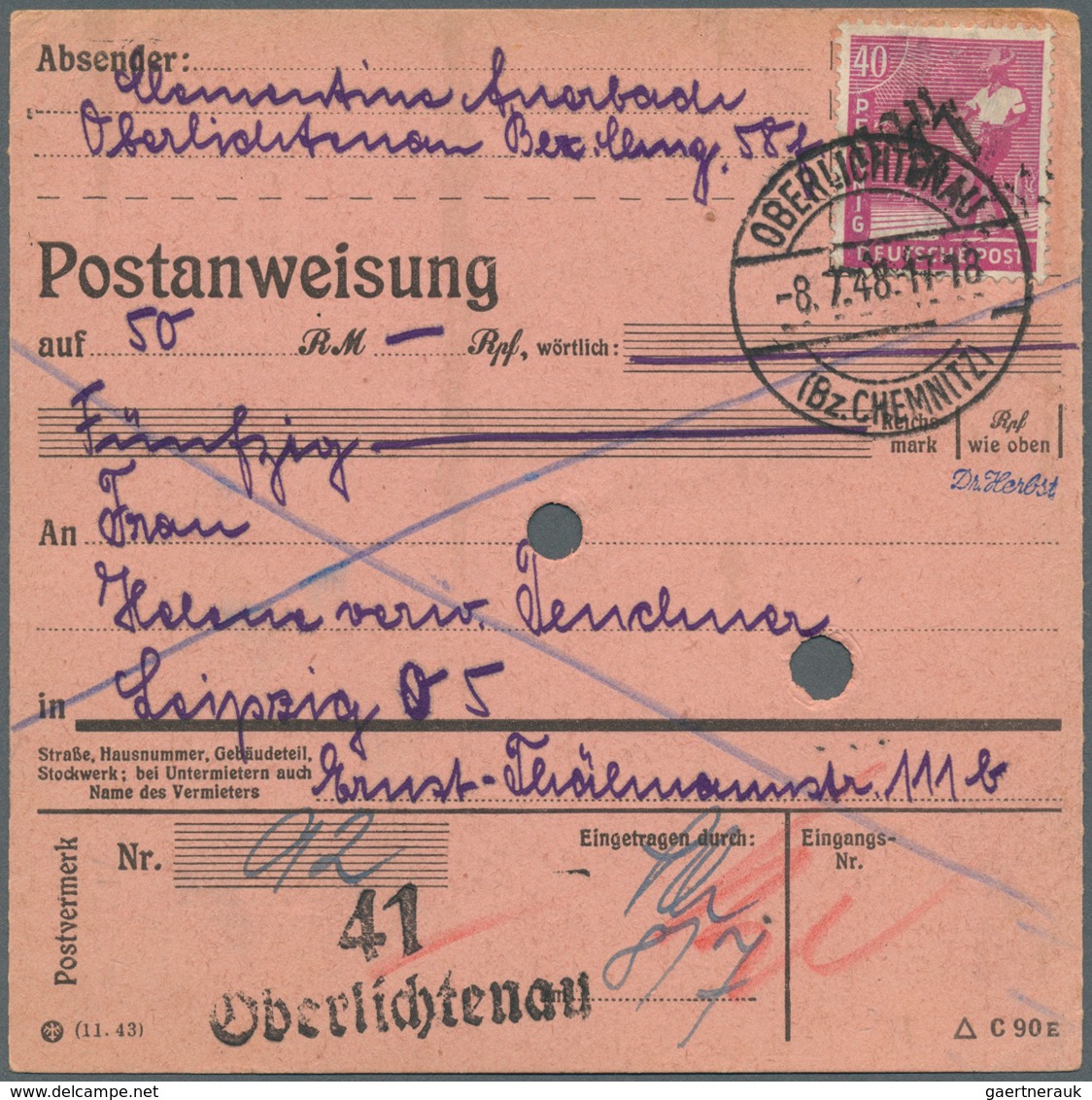 20131 Sowjetische Zone - Bezirkshandstempel - X - Bez. 41 (Chemnitz): 1948, 40 Pf Arbeiter Mit Handstempel - Other & Unclassified