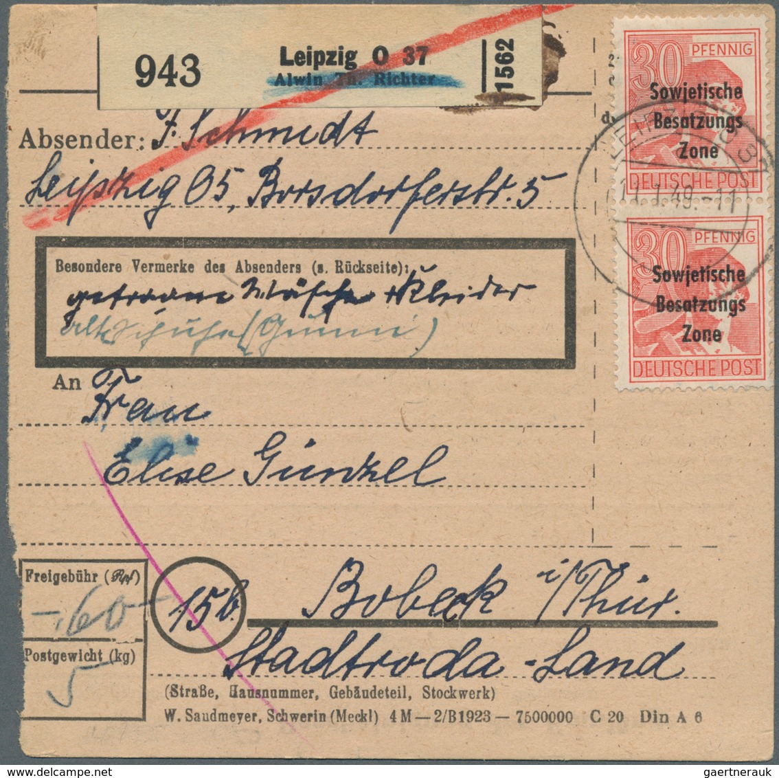 20141 Sowjetische Zone - Allgemeine Ausgaben: 1948, 30 Pf Arbeiter Maschinenaufdruck, 3 Versch. Paketkarte - Other & Unclassified