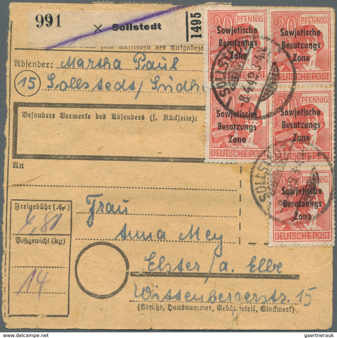 20141 Sowjetische Zone - Allgemeine Ausgaben: 1948, 30 Pf Arbeiter Maschinenaufdruck, 3 Versch. Paketkarte - Other & Unclassified