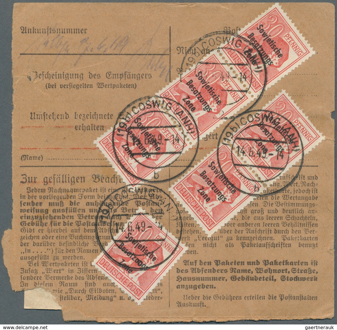 20141 Sowjetische Zone - Allgemeine Ausgaben: 1948, 30 Pf Arbeiter Maschinenaufdruck, 3 Versch. Paketkarte - Other & Unclassified
