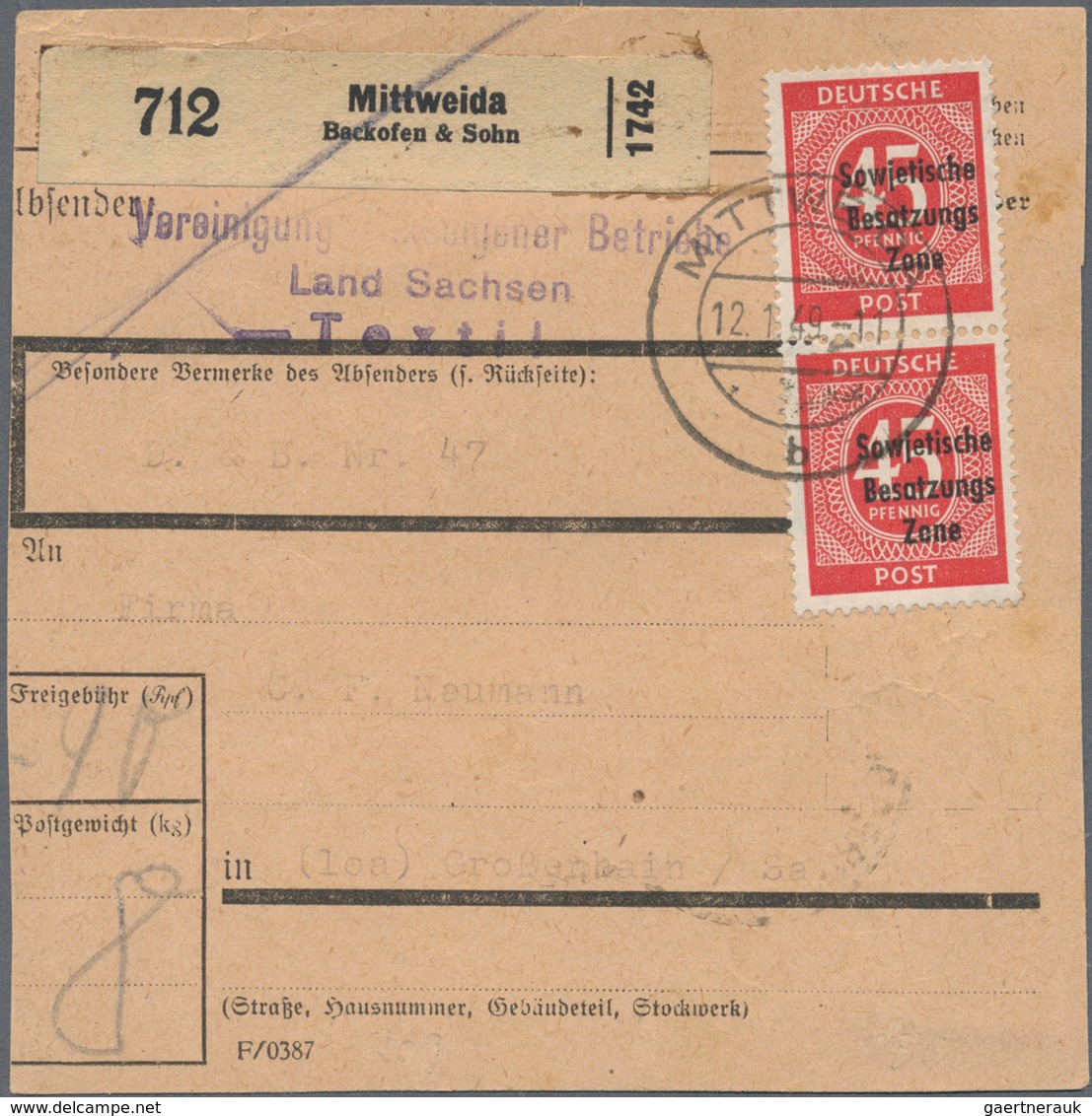 20149 Sowjetische Zone - Allgemeine Ausgaben: 1948, 45 Pfg SBZ-Aufdruck Im Senkr. Paar Als Seltene MeF Auf - Other & Unclassified