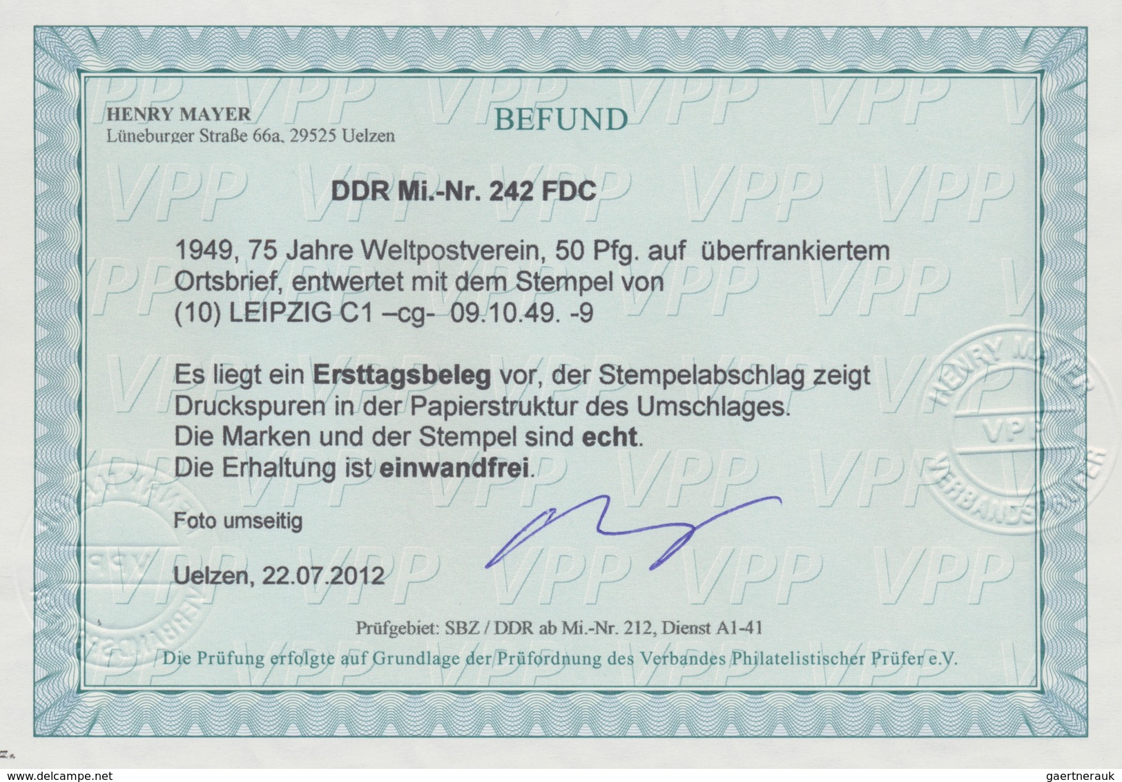 20177 DDR: 1949. "50 Pf Weltpostverein" Mit Ersttagsstempel "Leipzig 9.10.49" Auf FDC Adressiert Nach Schw - Other & Unclassified