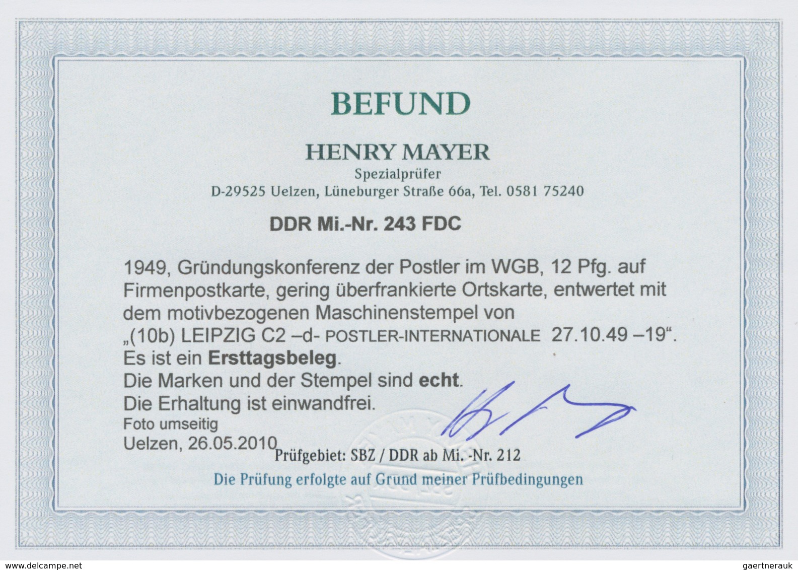 20181 DDR: 1949, "12 Pfg. Postgewerkschaft" Auf Firmen-Ortskarte Vom Ersttag LEIPZIG C 2 D, 27.10.49, Gepr - Other & Unclassified