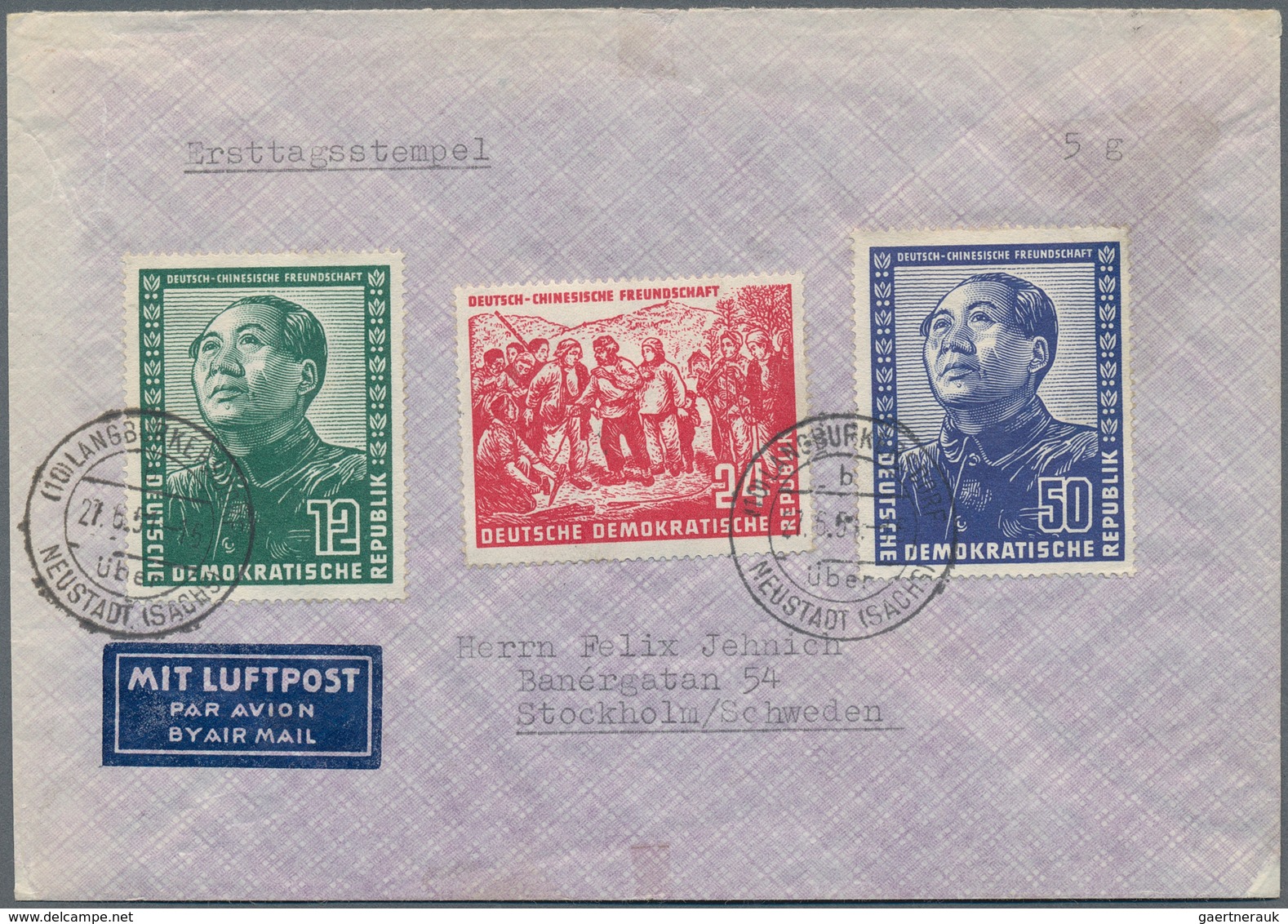 20196 DDR: 1951. Chinesen Kpl. Auf LuPo-FDC (5gr) Nach Schweden Mit Ersttagsstempel "Langburkersdorf über - Sonstige & Ohne Zuordnung